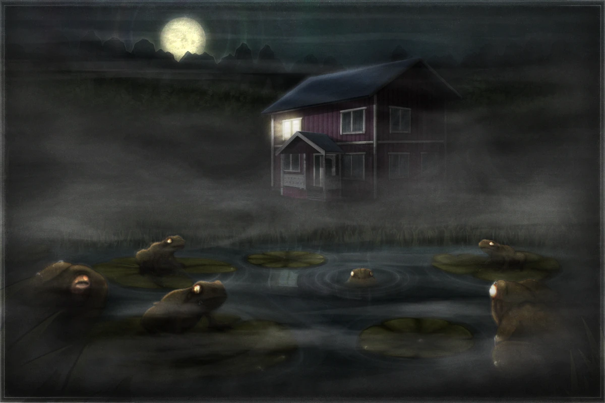 A red house behind a pond with mystical frogs